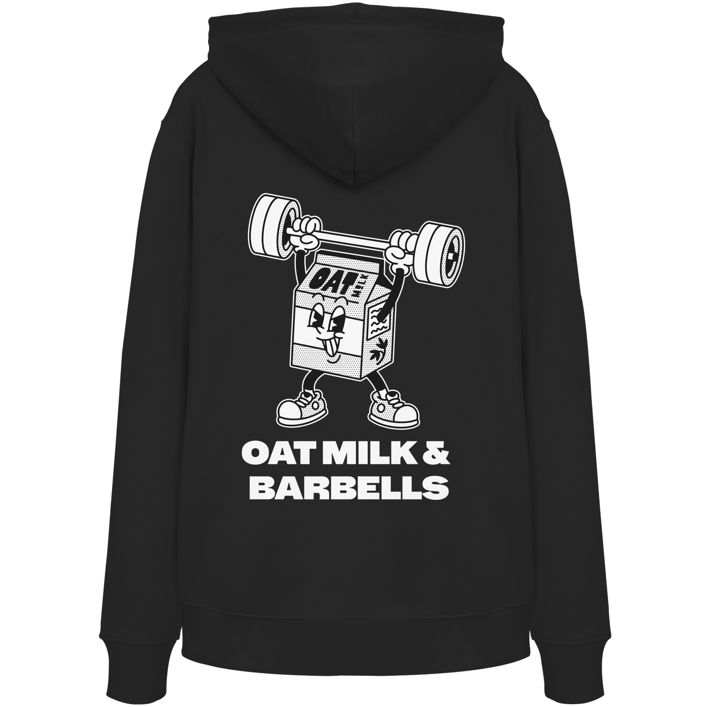 Black Hoodie Backprint – Oat Milk Cartoon Mascot with Barbells. Vegan Gains Streetwear by Vegan Lifting Club