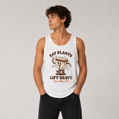 White Tank Top with Tofu Mascot Front Print – Eat Plants Lift Heavy. Vegan Gains Streetwear by Vegan Lifting Club
