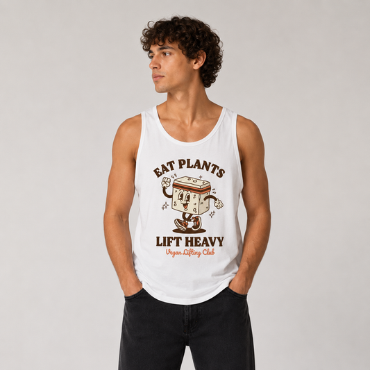White Tank Top with Tofu Mascot Front Print – Eat Plants Lift Heavy. Vegan Gains Streetwear by Vegan Lifting Club