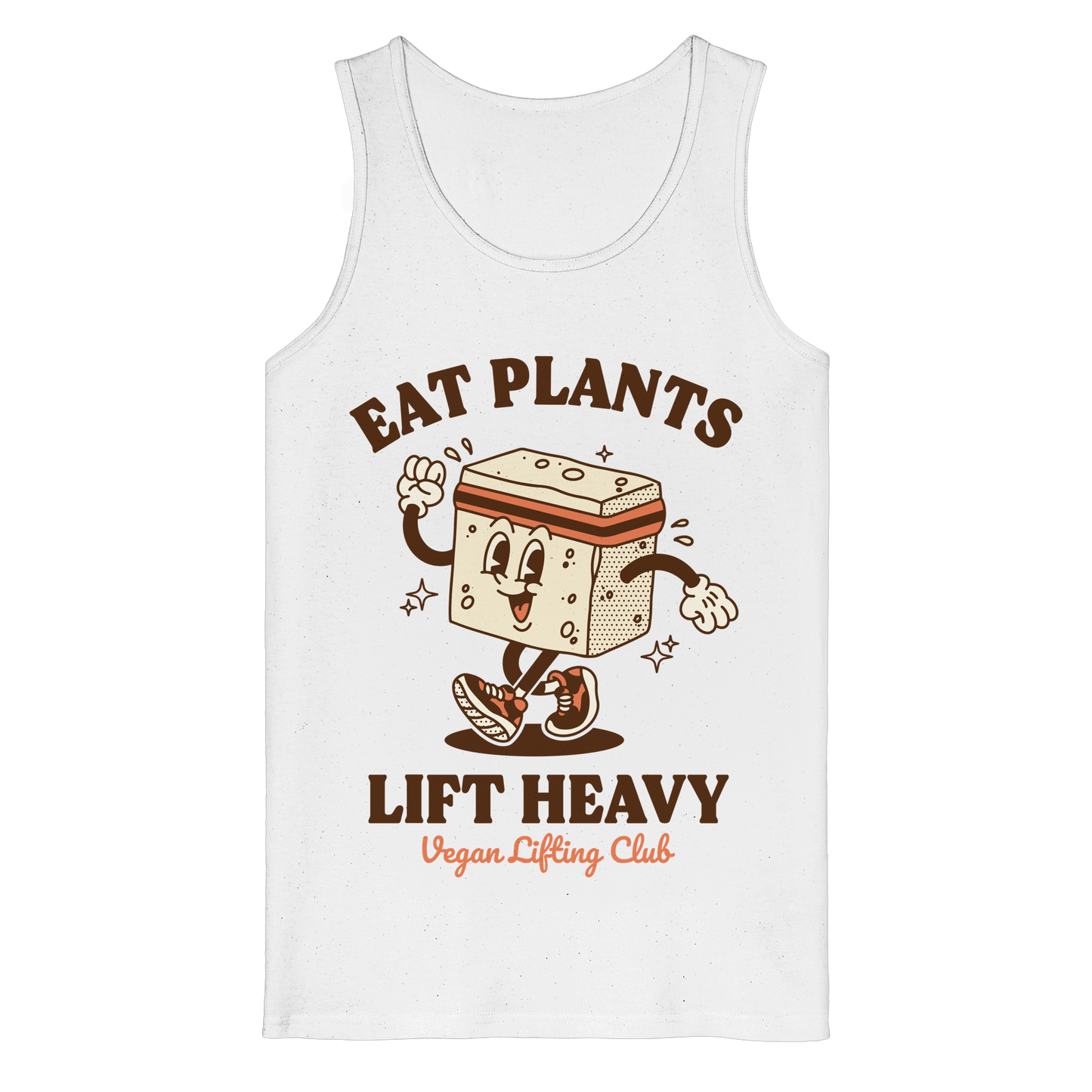 White Tank Top with Tofu Mascot Front Print – Eat Plants Lift Heavy. Vegan Gains Streetwear by Vegan Lifting Club