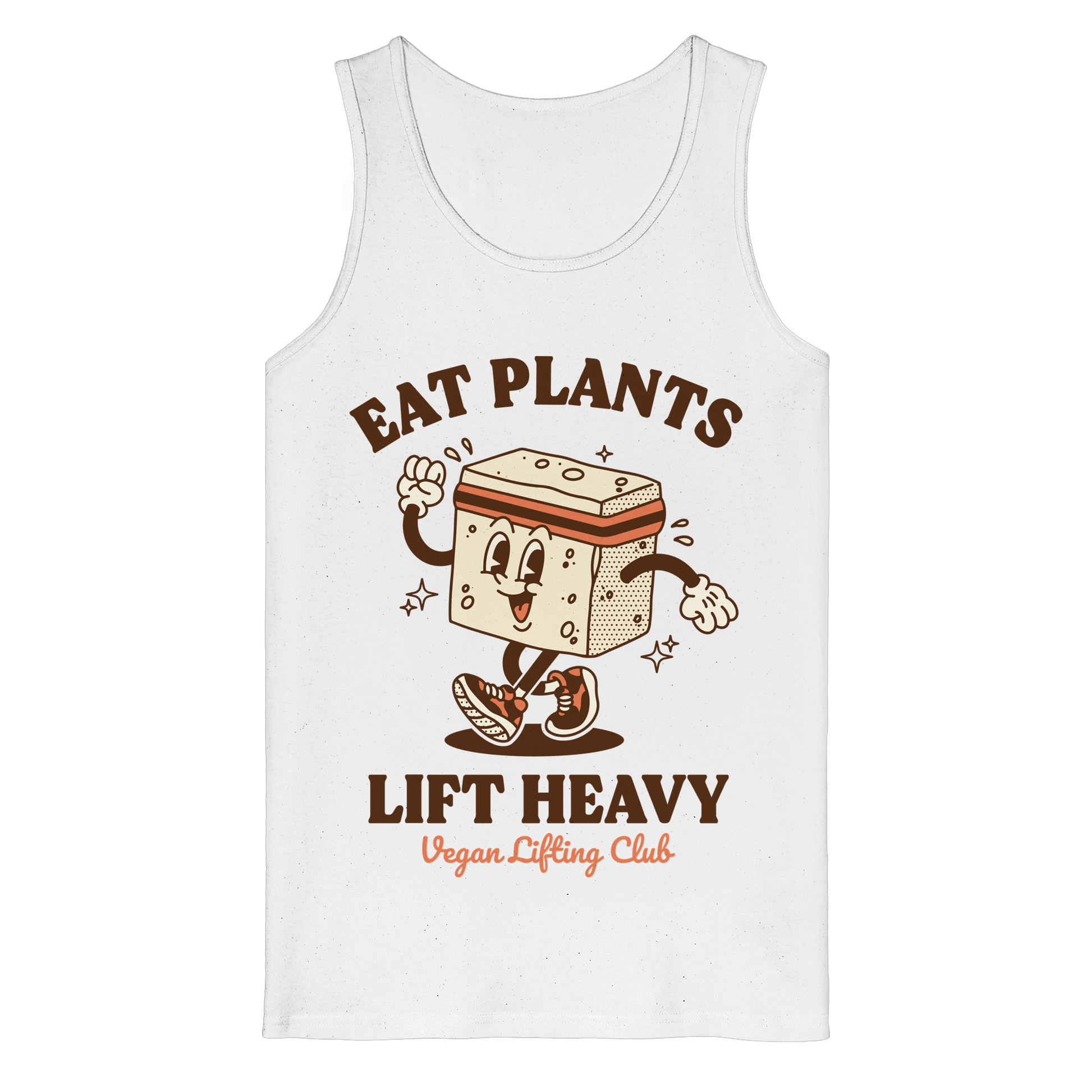 White Tank Top with Tofu Mascot Front Print – Eat Plants Lift Heavy. Vegan Gains Streetwear by Vegan Lifting Club