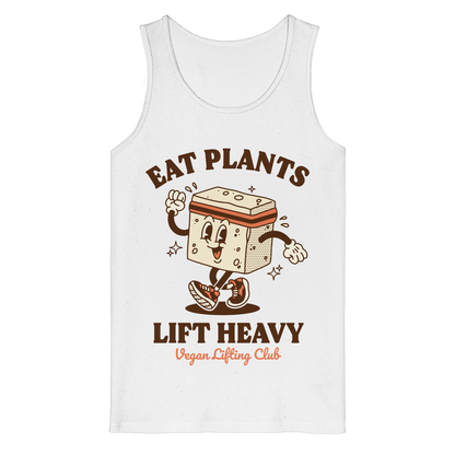 White Tank Top with Tofu Mascot Front Print – Eat Plants Lift Heavy. Vegan Gains Streetwear by Vegan Lifting Club