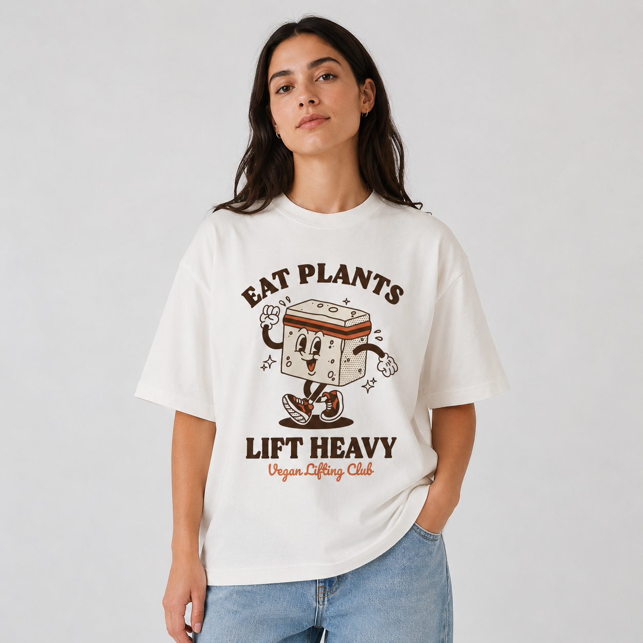 White Oversized T-Shirt with Tofu Mascot Front Print – Eat Plants Lift Heavy. Vegan Gains Streetwear by Vegan Lifting Club