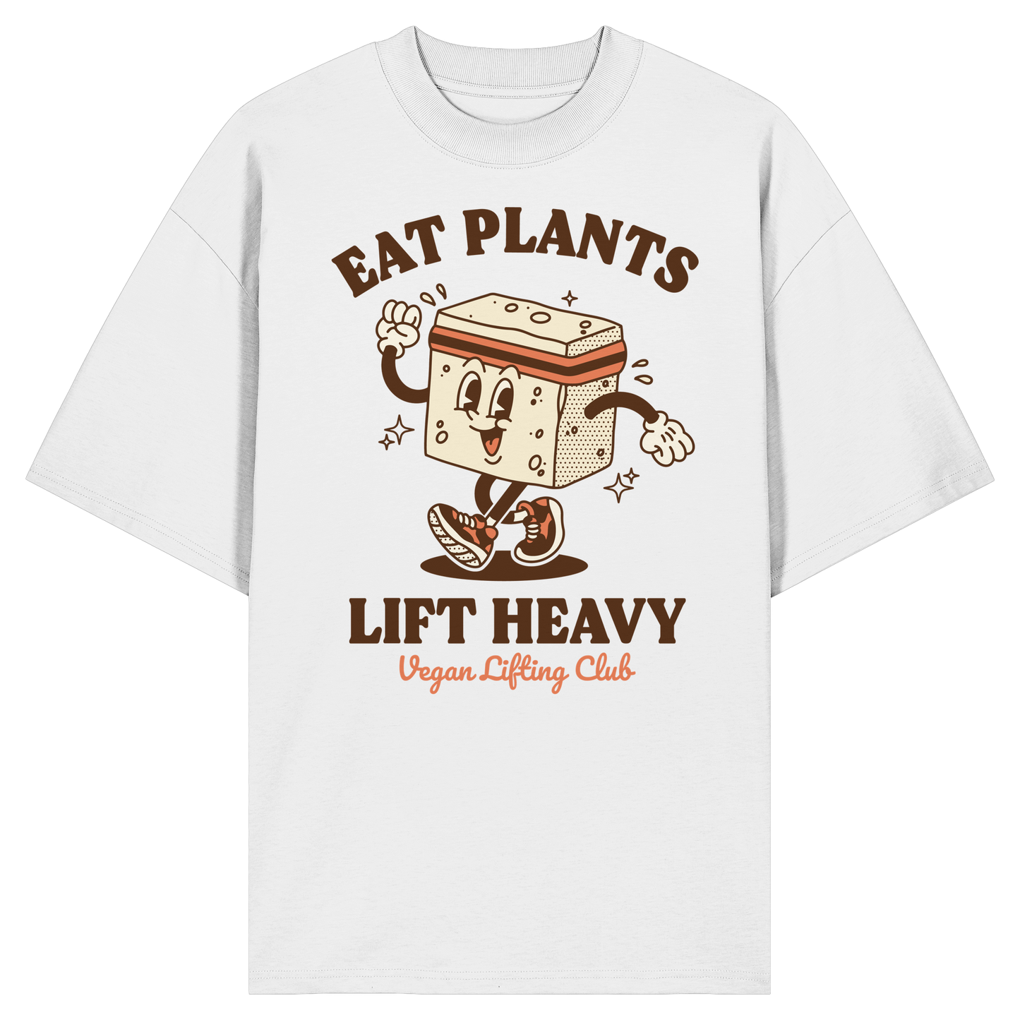 White Oversized T-Shirt with Tofu Mascot Front Print – Eat Plants Lift Heavy. Vegan Gains Streetwear by Vegan Lifting Club