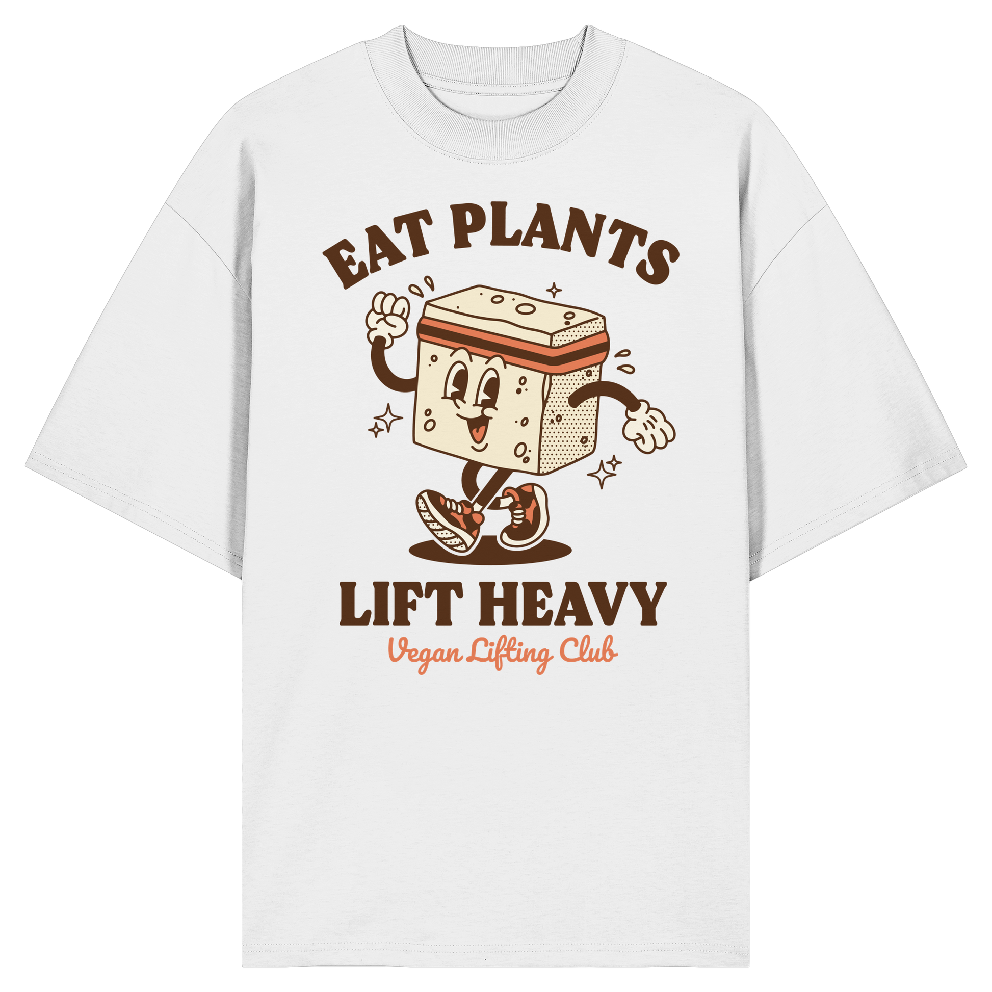 White Oversized T-Shirt with Tofu Mascot Front Print – Eat Plants Lift Heavy. Vegan Gains Streetwear by Vegan Lifting Club