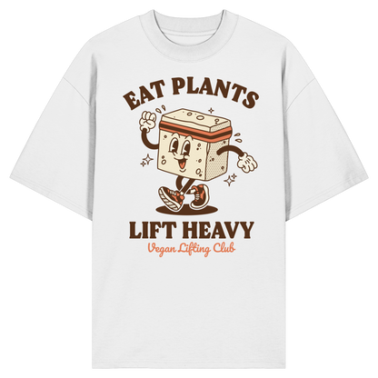 White Oversized T-Shirt with Tofu Mascot Front Print – Eat Plants Lift Heavy. Vegan Gains Streetwear by Vegan Lifting Club