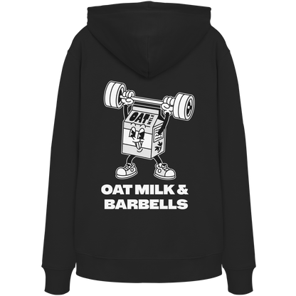 Black Hoodie Backprint – Oat Milk Cartoon Mascot with Barbells. Vegan Gains Streetwear by Vegan Lifting Club