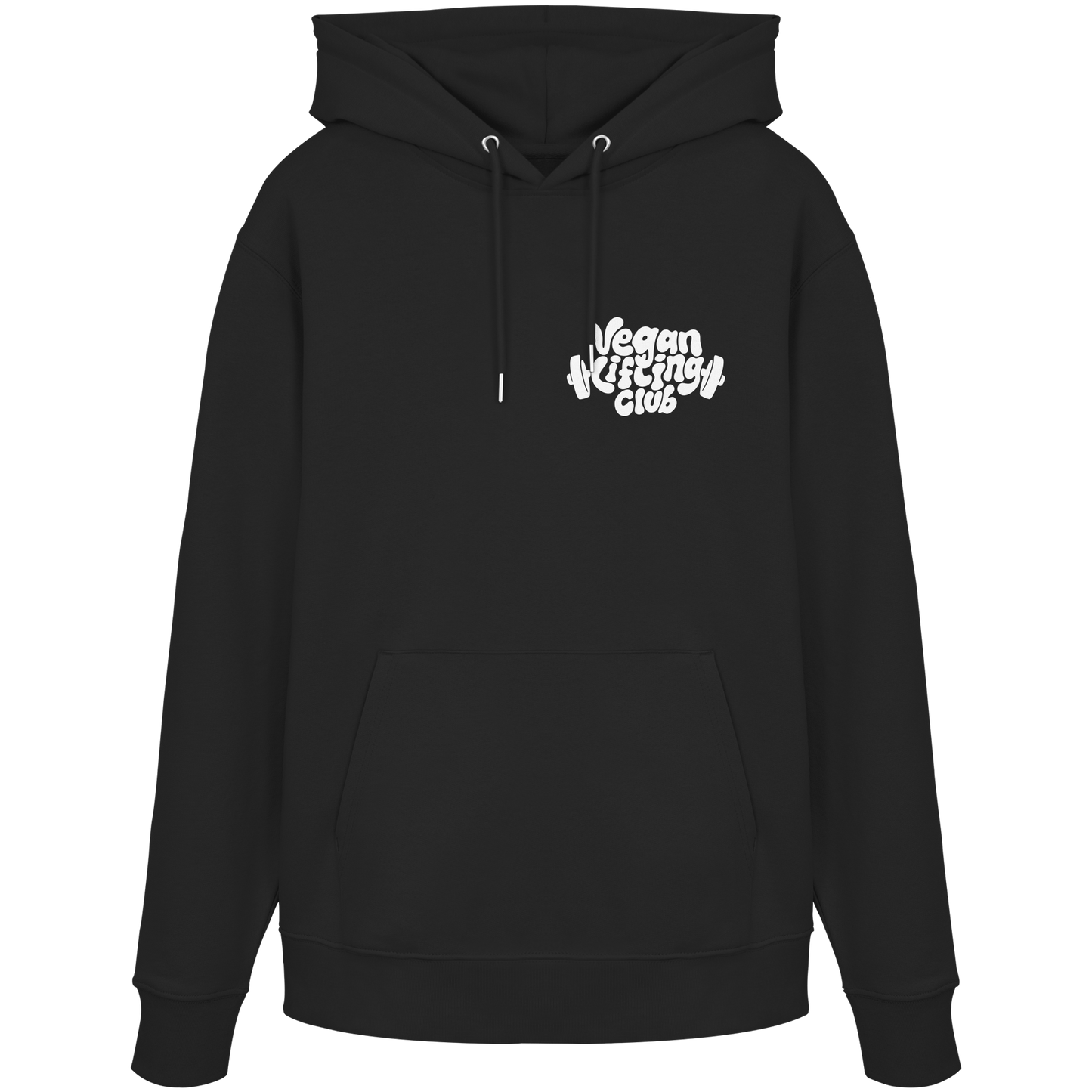 Black Hoodie Backprint – Oat Milk Cartoon Mascot with Barbells. Vegan Gains Streetwear by Vegan Lifting Club