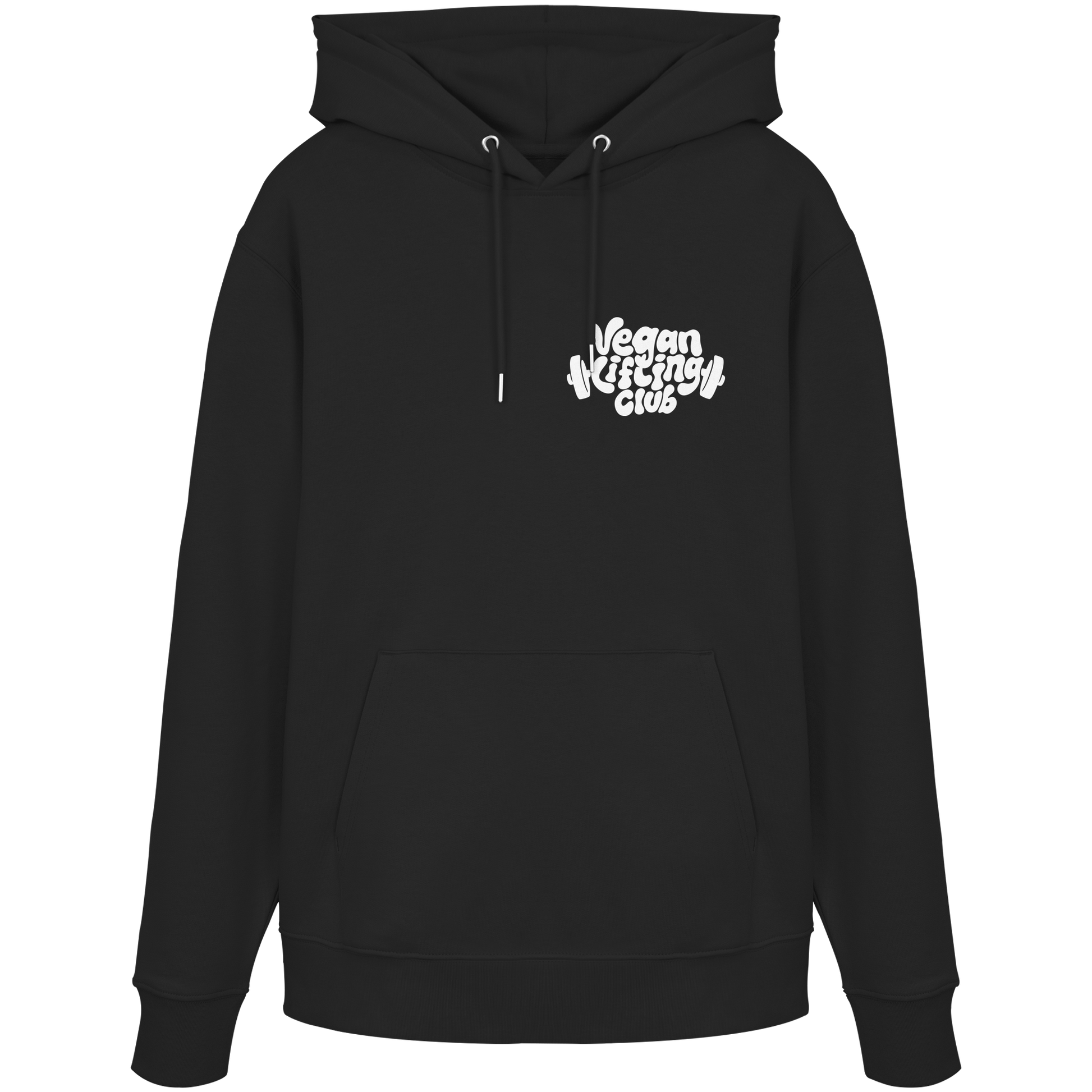 Black Hoodie Backprint – Oat Milk Cartoon Mascot with Barbells. Vegan Gains Streetwear by Vegan Lifting Club