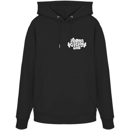 Black Hoodie Backprint – Oat Milk Cartoon Mascot with Barbells. Vegan Gains Streetwear by Vegan Lifting Club