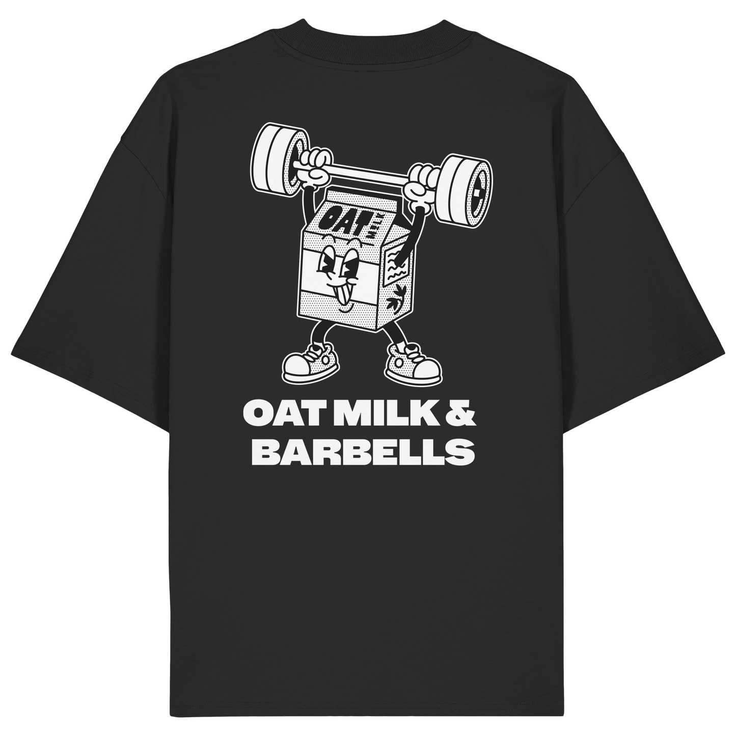 Black Oversized T-Shirt Backprint – Oat Milk Cartoon Mascot with Barbells. Vegan Gains Streetwear by Vegan Lifting Club