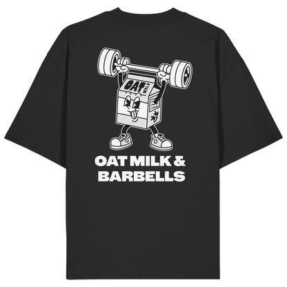 Black Oversized T-Shirt Backprint – Oat Milk Cartoon Mascot with Barbells. Vegan Gains Streetwear by Vegan Lifting Club