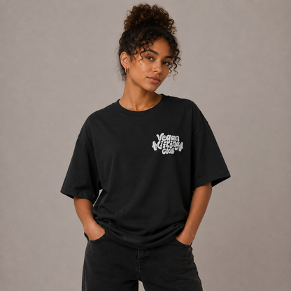 Black Oversized T-Shirt Backprint – Oat Milk Cartoon Mascot with Barbells. Vegan Gains Streetwear by Vegan Lifting Club