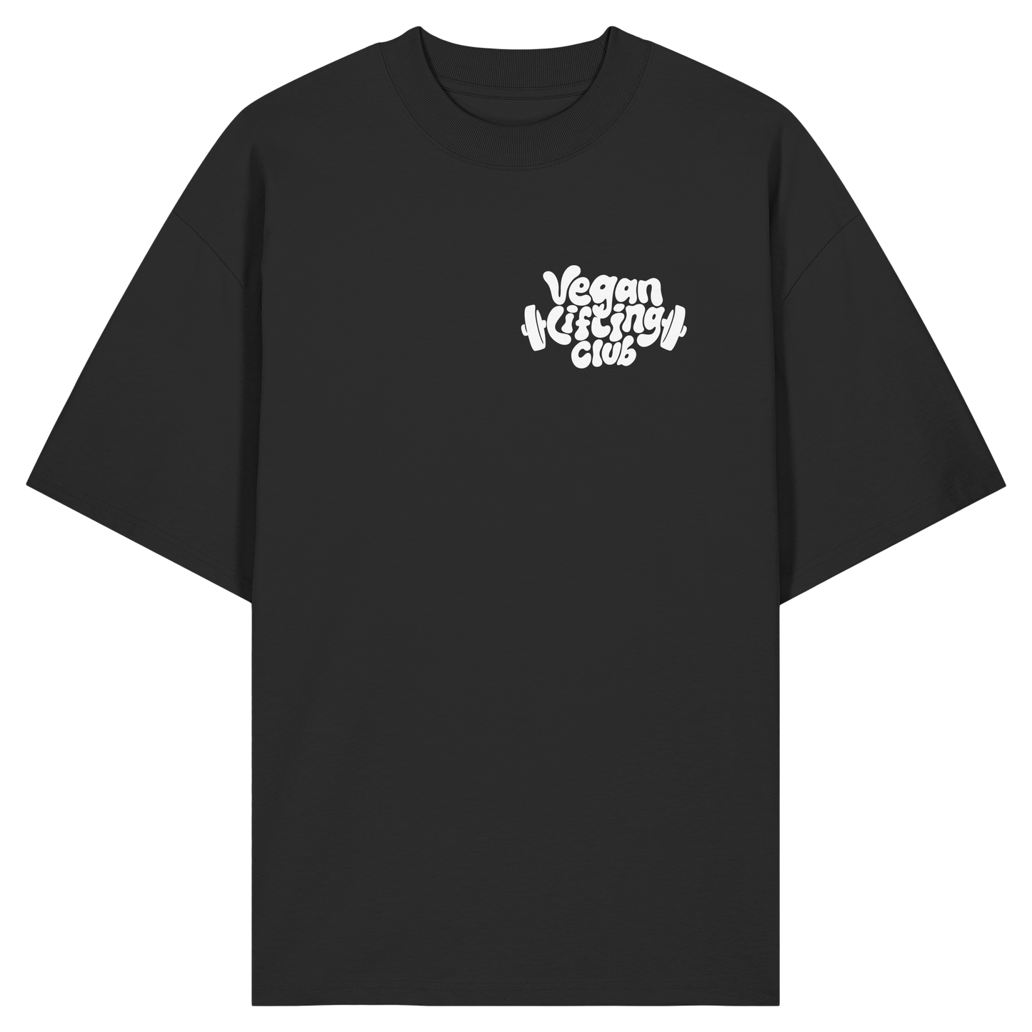 Black Oversized T-Shirt Backprint – Oat Milk Cartoon Mascot with Barbells. Vegan Gains Streetwear by Vegan Lifting Club