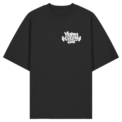 Black Oversized T-Shirt Backprint – Oat Milk Cartoon Mascot with Barbells. Vegan Gains Streetwear by Vegan Lifting Club
