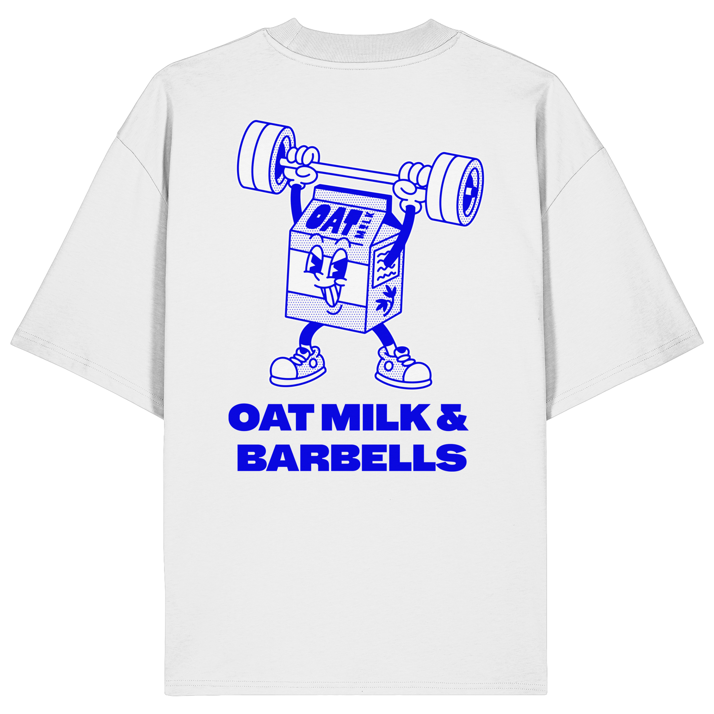White Oversized T-Shirt Blue Backprint – Oat Milk Cartoon Mascot with Barbells. Vegan Gains Streetwear by Vegan Lifting Club