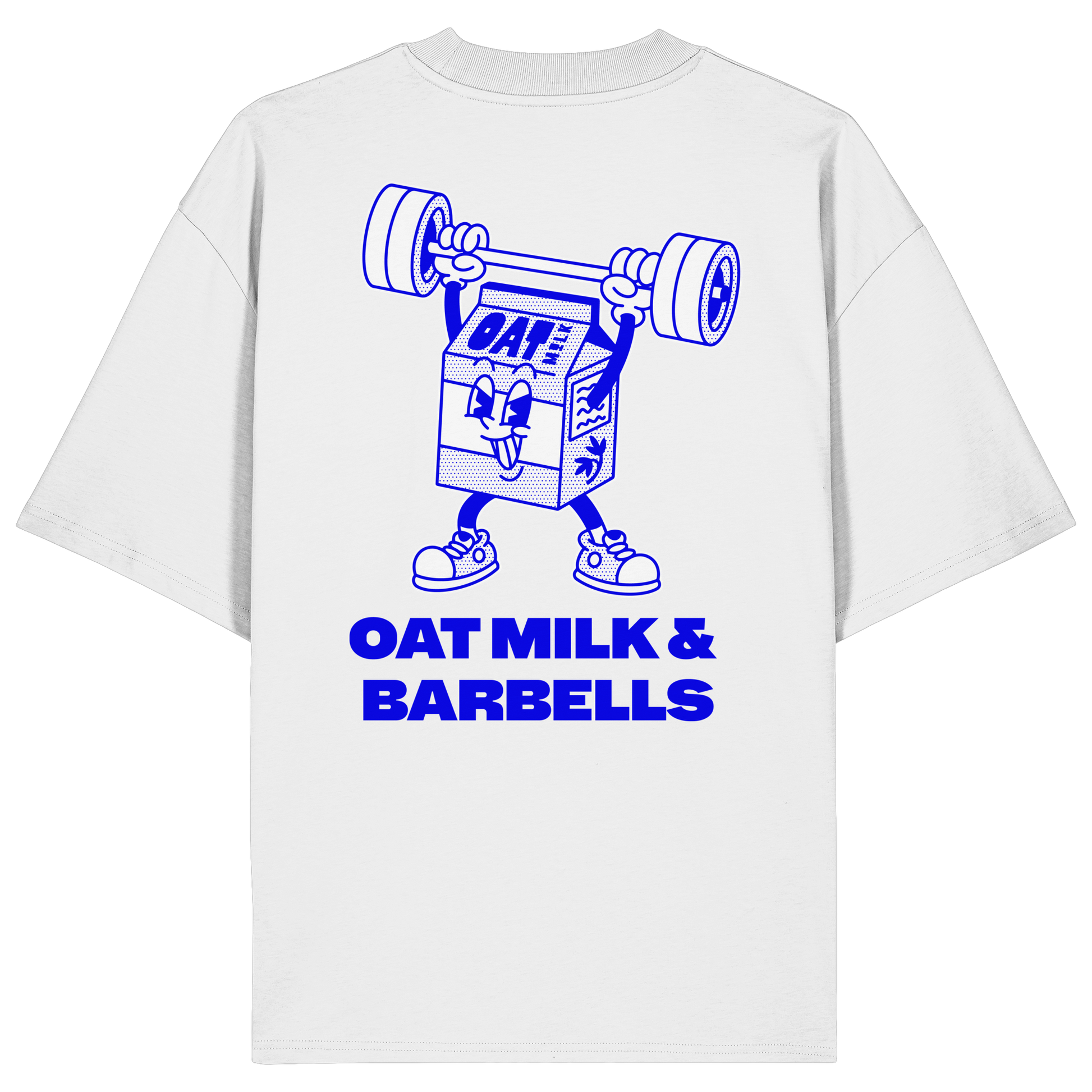 White Oversized T-Shirt Blue Backprint – Oat Milk Cartoon Mascot with Barbells. Vegan Gains Streetwear by Vegan Lifting Club