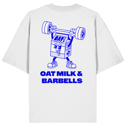 White Oversized T-Shirt Blue Backprint – Oat Milk Cartoon Mascot with Barbells. Vegan Gains Streetwear by Vegan Lifting Club
