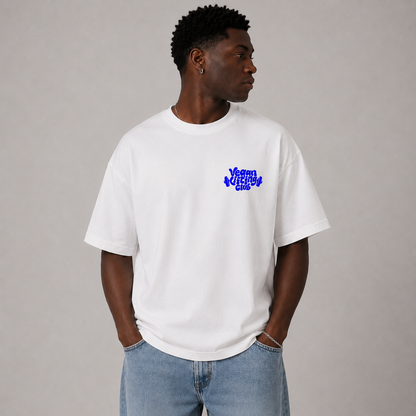 White Oversized T-Shirt Blue Backprint – Oat Milk Cartoon Mascot with Barbells. Vegan Gains Streetwear by Vegan Lifting Club