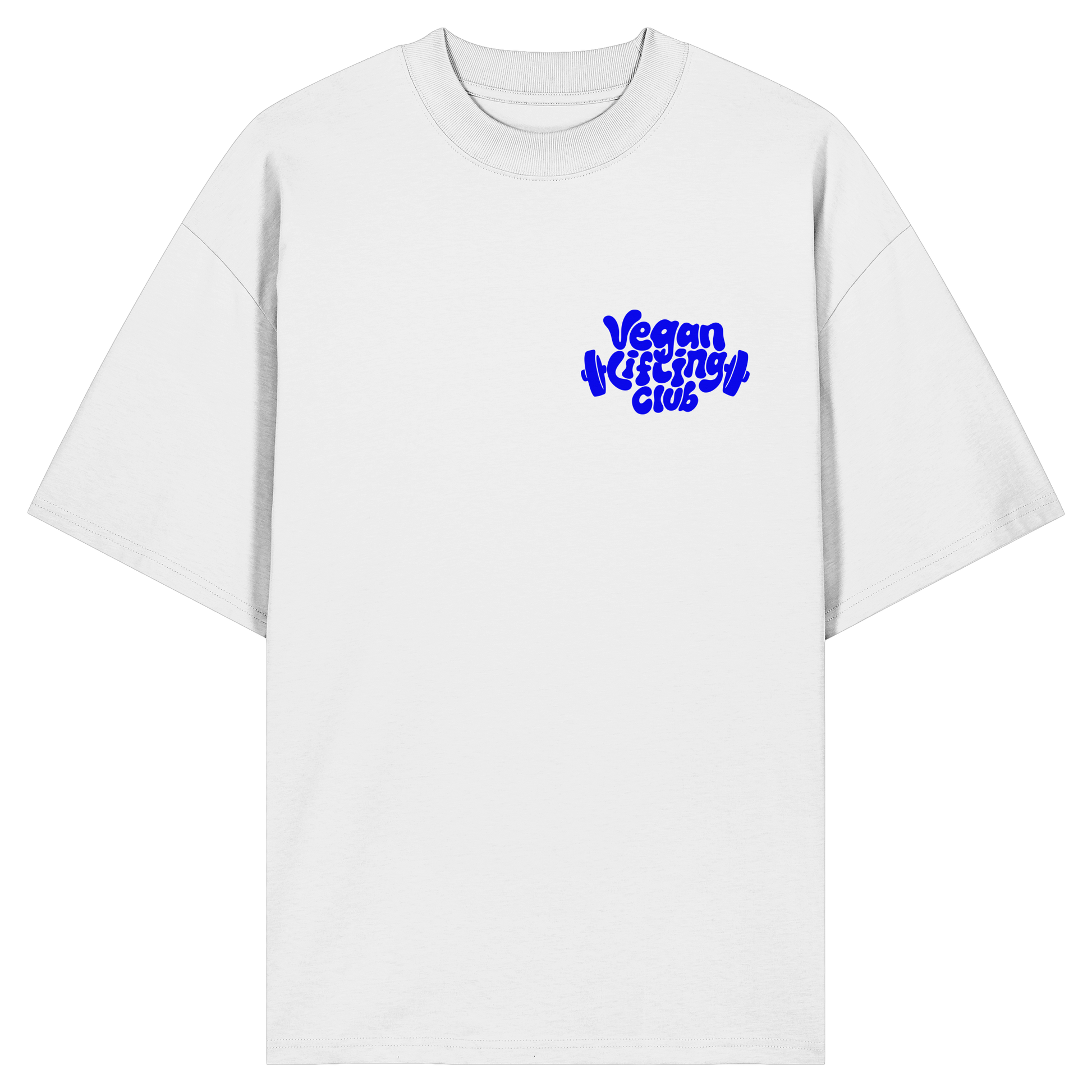 White Oversized T-Shirt Blue Backprint – Oat Milk Cartoon Mascot with Barbells. Vegan Gains Streetwear by Vegan Lifting Club